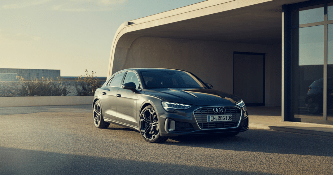 Vue rapprochée d'une Audi propre dans les Yvelines, montrant une carrosserie brillante et des plastiques impeccables sous une lumière naturelle douce