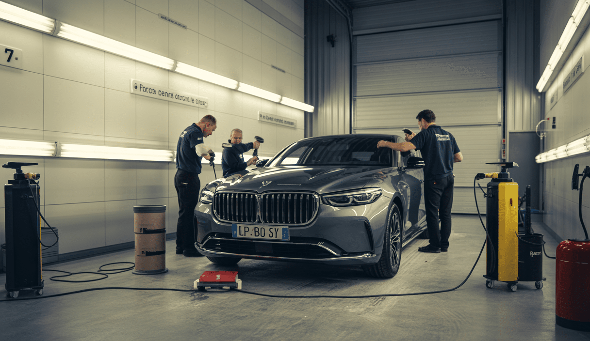 Intérieur professionnel d'un centre de rénovation automobile dans les Yvelines, avec experts réalisant un detailing complet sur une voiture moderne, ambiance lumineuse et moderne