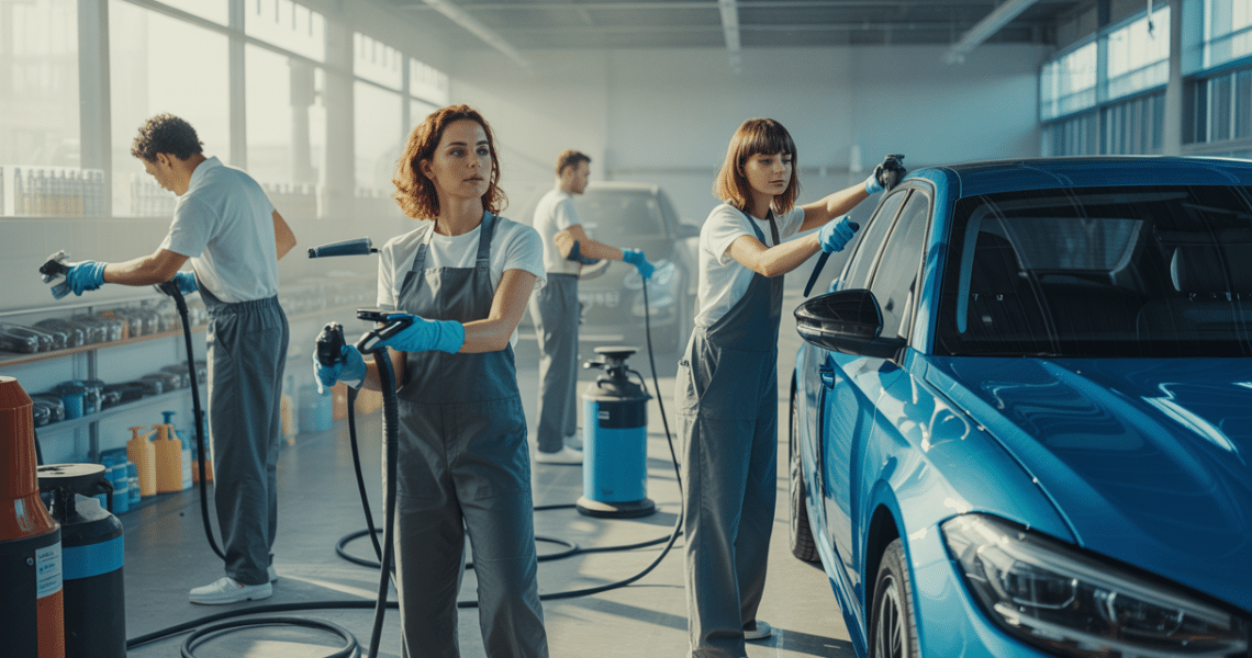 Un atelier de detailing automobile en self-service avec des personnes en train d'apprendre et d'appliquer des techniques pratiques d'entretien automobile, utilisant des équipements professionnels dans un environnement lumineux et organisé.