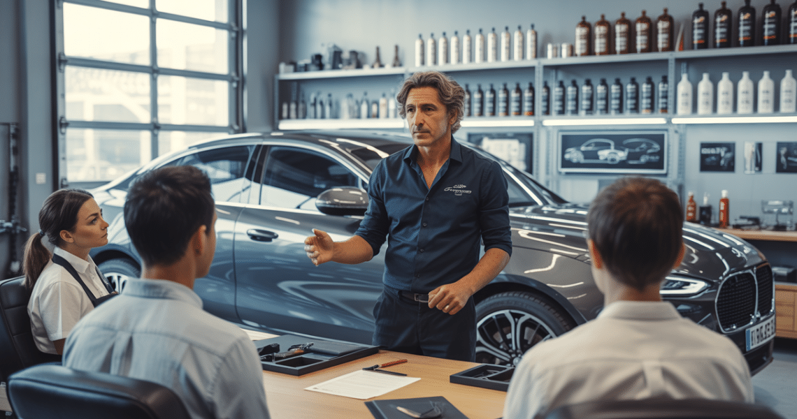 Illustration stylisée d’un formateur expert de detailing haut de gamme animant une formation personnalisée avec modules techniques et méthodes pédagogiques dans un atelier moderne de detailing automobile